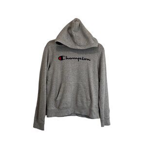 Champion Spellout Logo Graphic Gray Long Sleeve Pullover Hoodie Womens Size XL